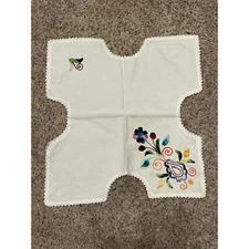 Table Doily Hand Embroidered Floral  Vintage Linen Country Core 