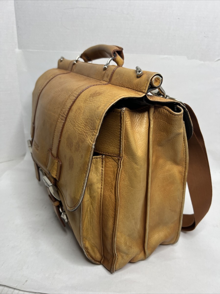 KENNETH COLE New York Tan Leather Messenger Laptop Shoulder Bag Brief Case
