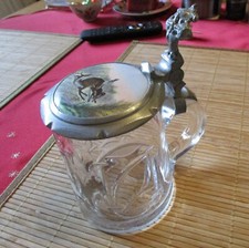 alter Bierkrug Glas Zinndeckel mit Porzellaneinsatz handbemalt