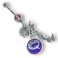 14g Rosa Claro Circonita Cuelga Sirena Estrella de Mar Caparazón Escala Púrpura Anillo Vientre B498