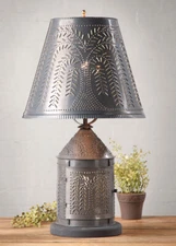 Fireside Table Lamp with Punched Tin Shade with Willow Design in Kettle Black