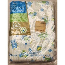 Vintage Toddletime Fitted Knit Crib Sheet ABCs Bears Toys Blue Green Pinstripe