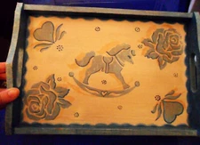 Hand-Painted Wooden TRAY Blue & White Stylized Rocking Horse Rose Heart Stencils