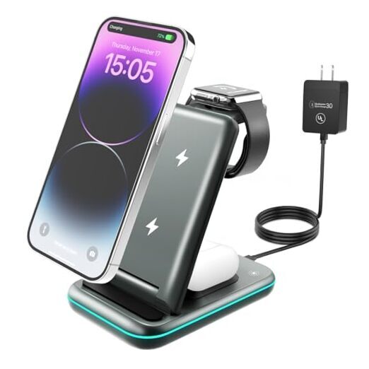 Wireless Charging Station, 3 in 1 Wireless Fast Charger Stand Designed GunGray