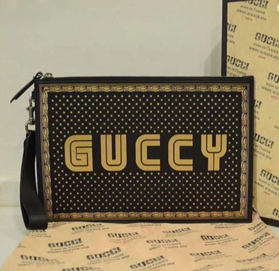 GUCCI Black Gold Clutch Bag Black Gold w/ box Unisex Rare Used Mint Beautiful