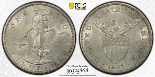 US PHILIPPINES 1907-S ONE PESO PCGS AU DETAILS CLEANED LUSTROUS
