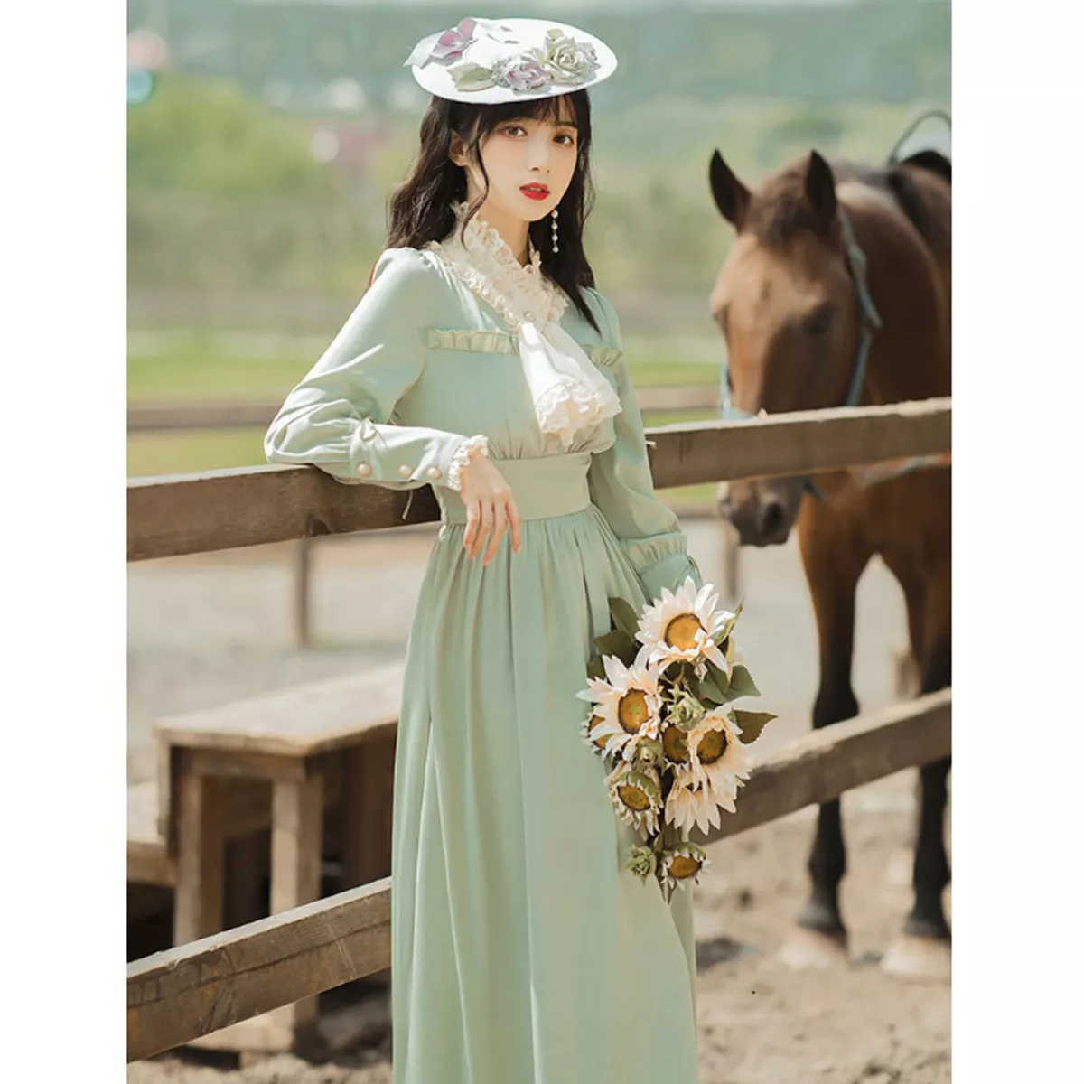 Women Long Lantern Sleeve Midi Dress Lace Patchwork Beaded Tunic French Vintage