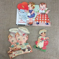 Vintage Valentine Chef Cooking Pie Stove Moveable Greeting Card 1940's Lot of 4