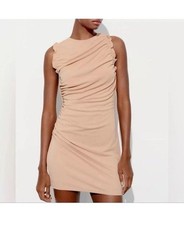New Zara Women Nude Ruched Mini Dress SZ S