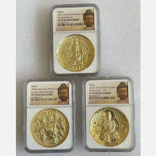 3 Types NGC PF70 China Guanyin commemorative Gilt copper medal， Thickened