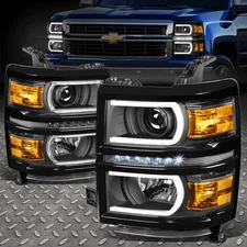[LED DRL+U TUBE BAR]FOR 14-15 SILVERADO PROJECTOR HEADLIGHT/LAMPS BLACK/AMBER