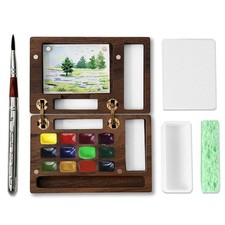 Portable Mini Watercolor Paint Set for Adult Artists, Wooden Pocket 12 Color ...