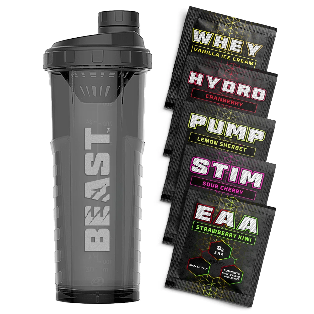 Beast Pharm - Gym Starter Pack - Protein Shaker Bottle + 5x Supplements Samples
Opens in a new windo
