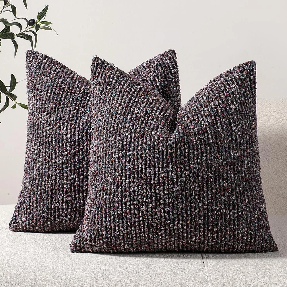 Striped Throw Pillow Covers 18x18 Set of 2 Colorful PurpleTextured Boucle Chi...