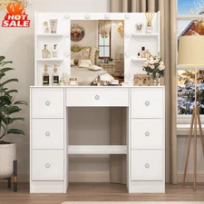 Large Vanity Makeup Desk with 10 LED Lighted Mirror and 7 Drawer Dressing Table