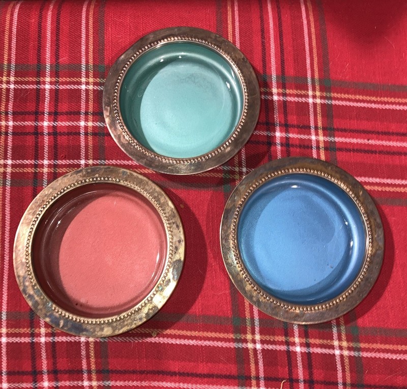 VTG W&S Blackinton Silverplate Drink Coaster/Ashtray Set Of 3-blue Orange Green