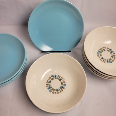 VTG Canonsburg Pottery Temporama Atomic 5 Cereal Bowls 6 Bread Plates Blue Cream