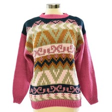 New 90s Vintage Womens M Sweater Hearts  Geometric Print Clyde Hand Knit