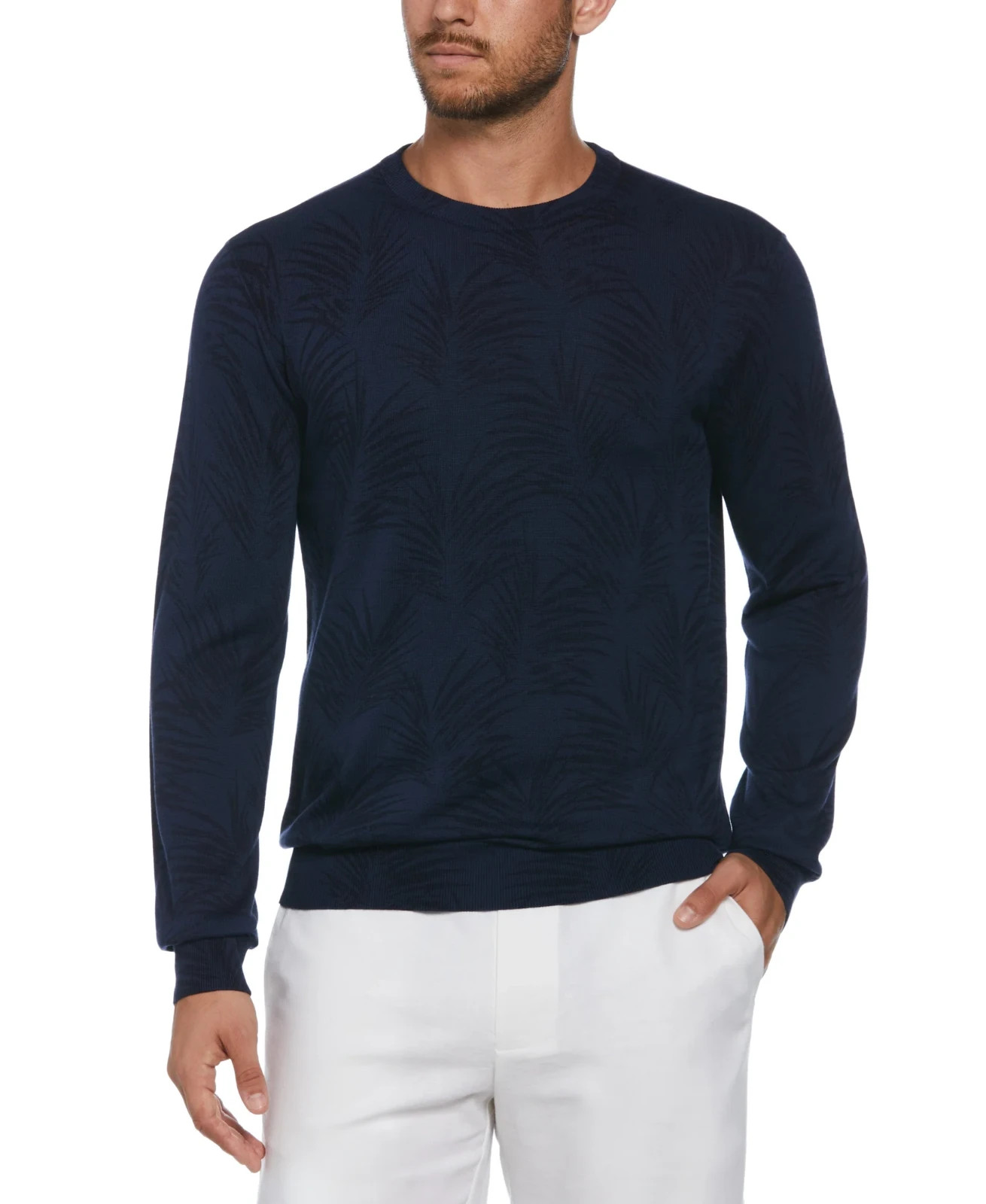 Cubavera Mens Palm Print Crewneck Jacquard Sweater in Naval Academy Size L