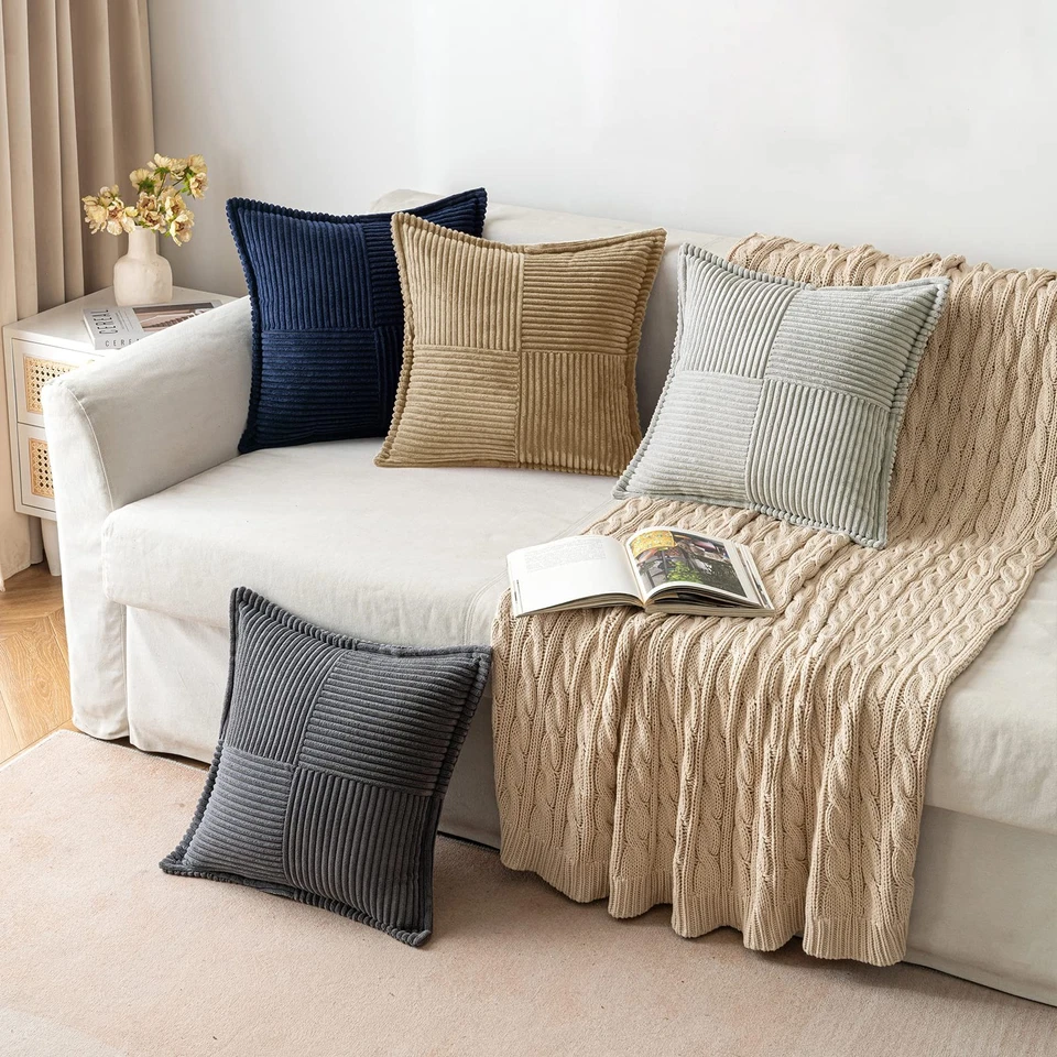 MIULEE 2PC 12x12 Khaki Boho Corduroy Striped Patchwork Throw Pillow Covers - Image 4 of 4