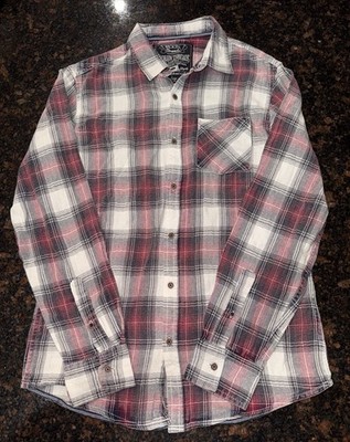 Broken Threads Men's Red Gray White Plaid Long Sleeve Button Up Shirt Size Large