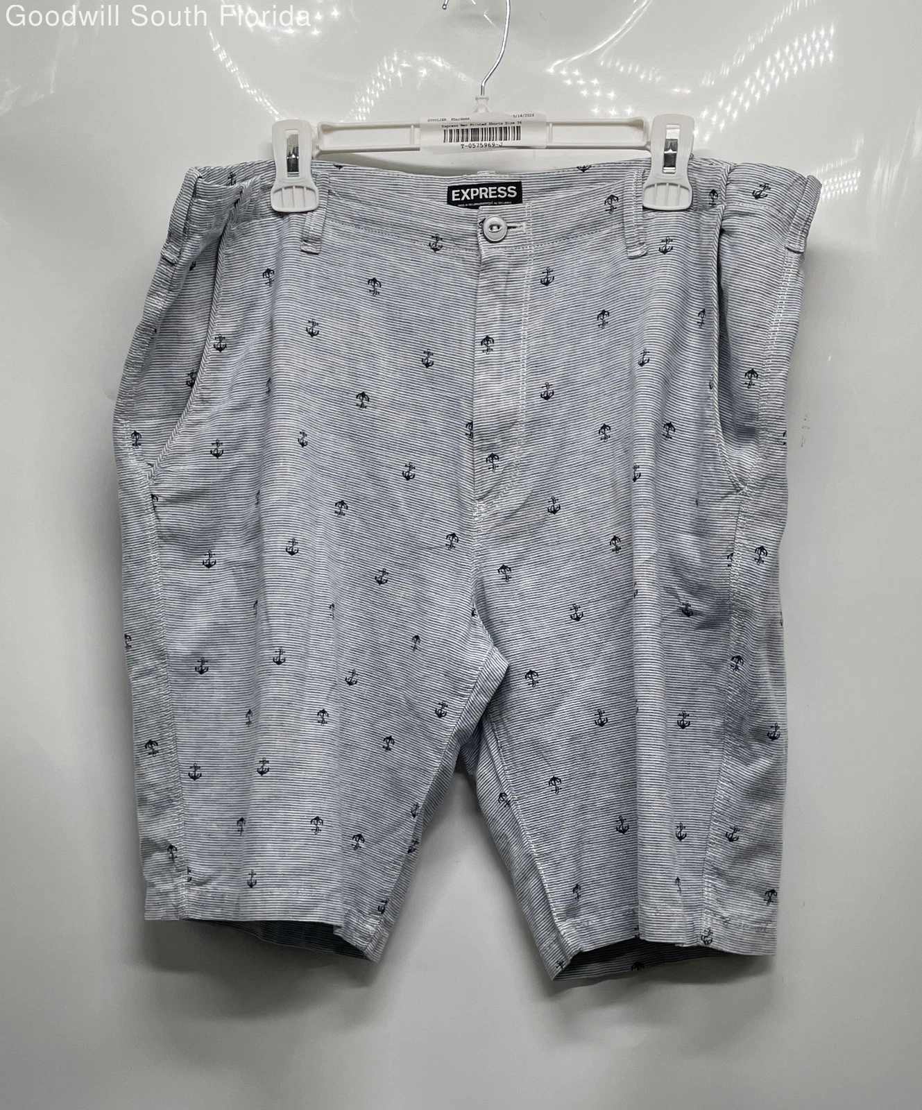 Express Mens Blue Printed Flat Front Slash Pocket Anchor Chino Shorts Size 36