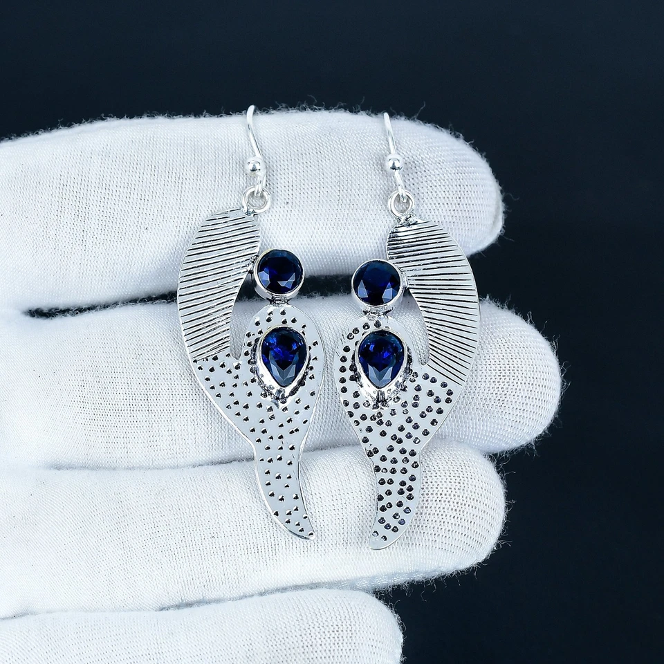 Zaffiro Blu Gemma Orecchini 925 Argento Sterling Mano Gioielli Regalo Moglie - Immagine 2 di 4