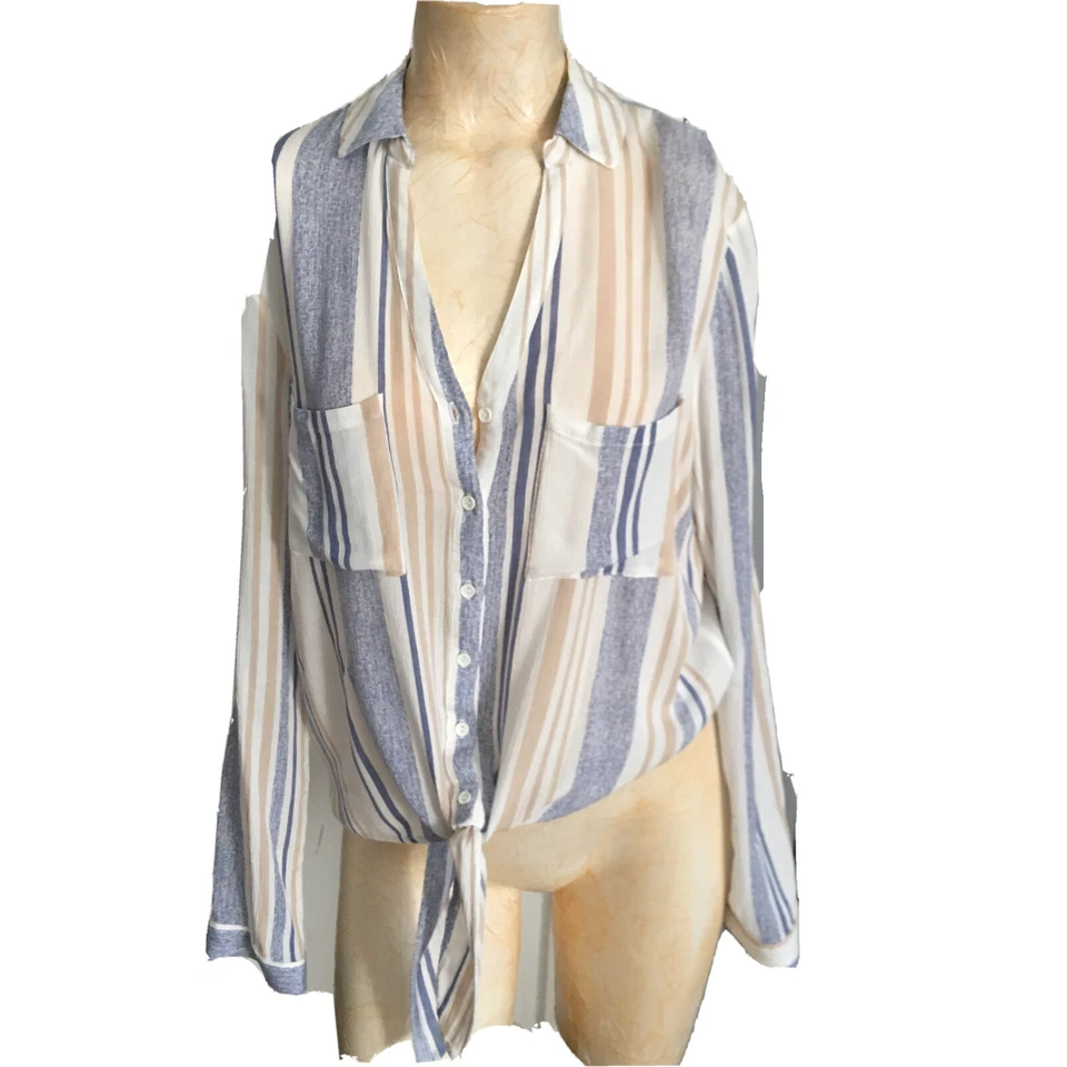 Paper Crane Women's Size S Striped Shirt Blue Badge Roll Tab Sleeve Tie Up - Image 2 of 4