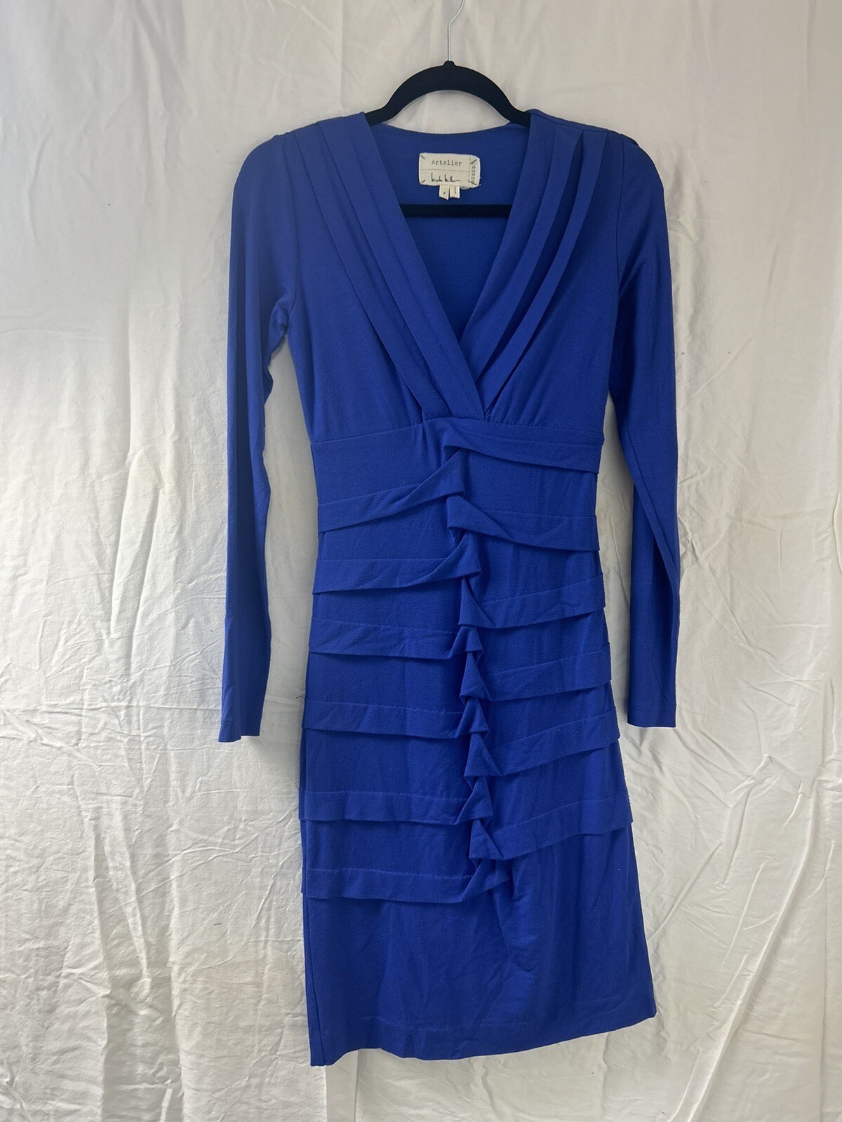 Nicole Miller Womens Blue Ruched Long Sleeve Jersey Sheath Dress Size P