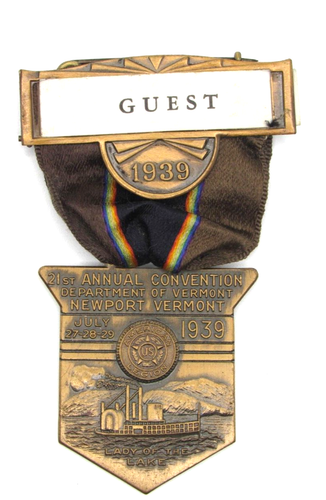 1939 Vermont American Legion Badge FOB Medal Ribbon Pin ID Name Tag - Picture 1 of 6
