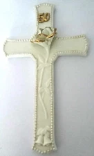 50th Anniversary White Porcelain Cross With Gold On Peddle Tips Wall Hanging