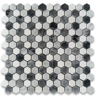 C31A7XP Carrara White Bardiglio Gray Thassos White Marble Hexagon Mosaic Tile