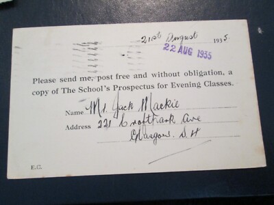School of Accountancy, Glasgow request for prospectus postcard posted 1935