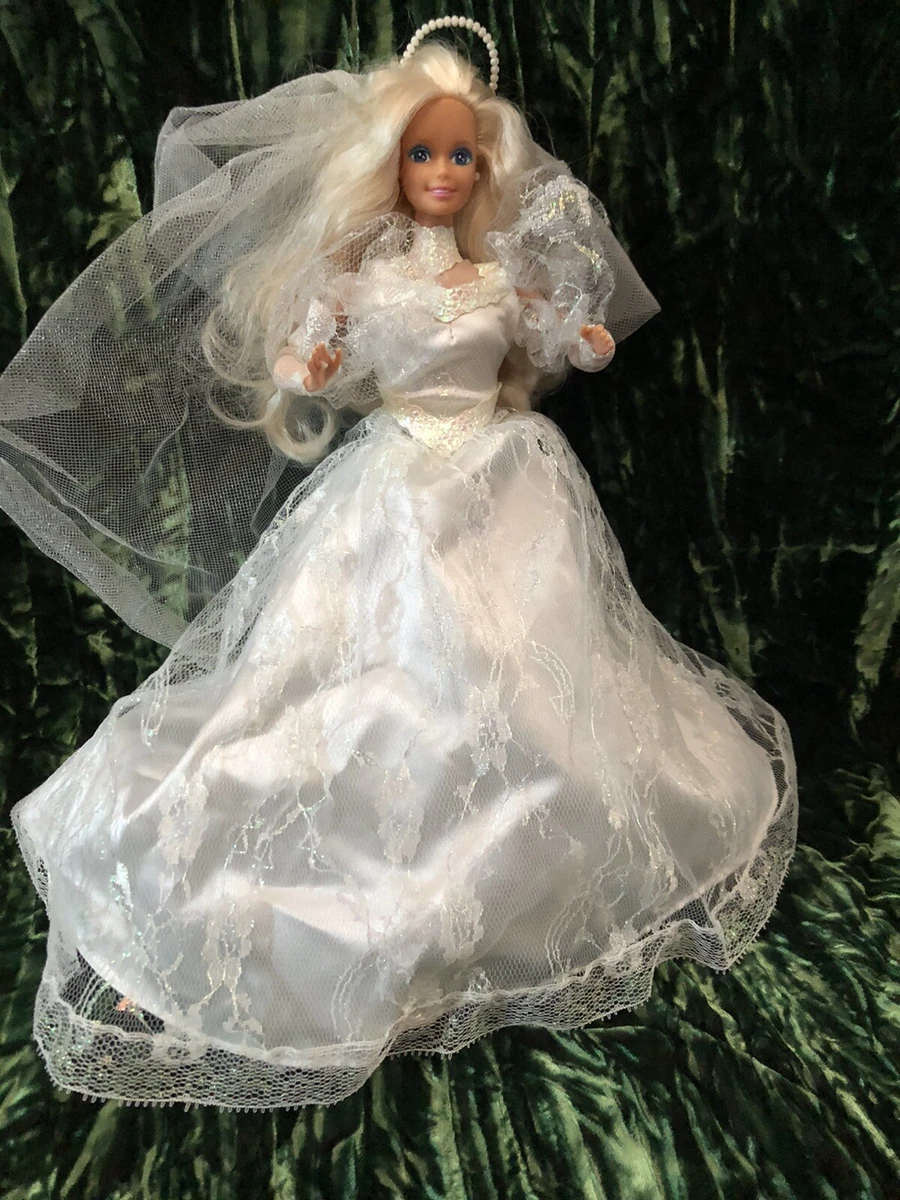 Vintage Barbie 80s Wedding Dress Lace Satin Big Sleeves Veil eBay