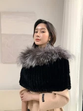 Women Real Fox Fur Scarf Rex Rabbit Fur Wraps Cape Winter Warm Shawl Black