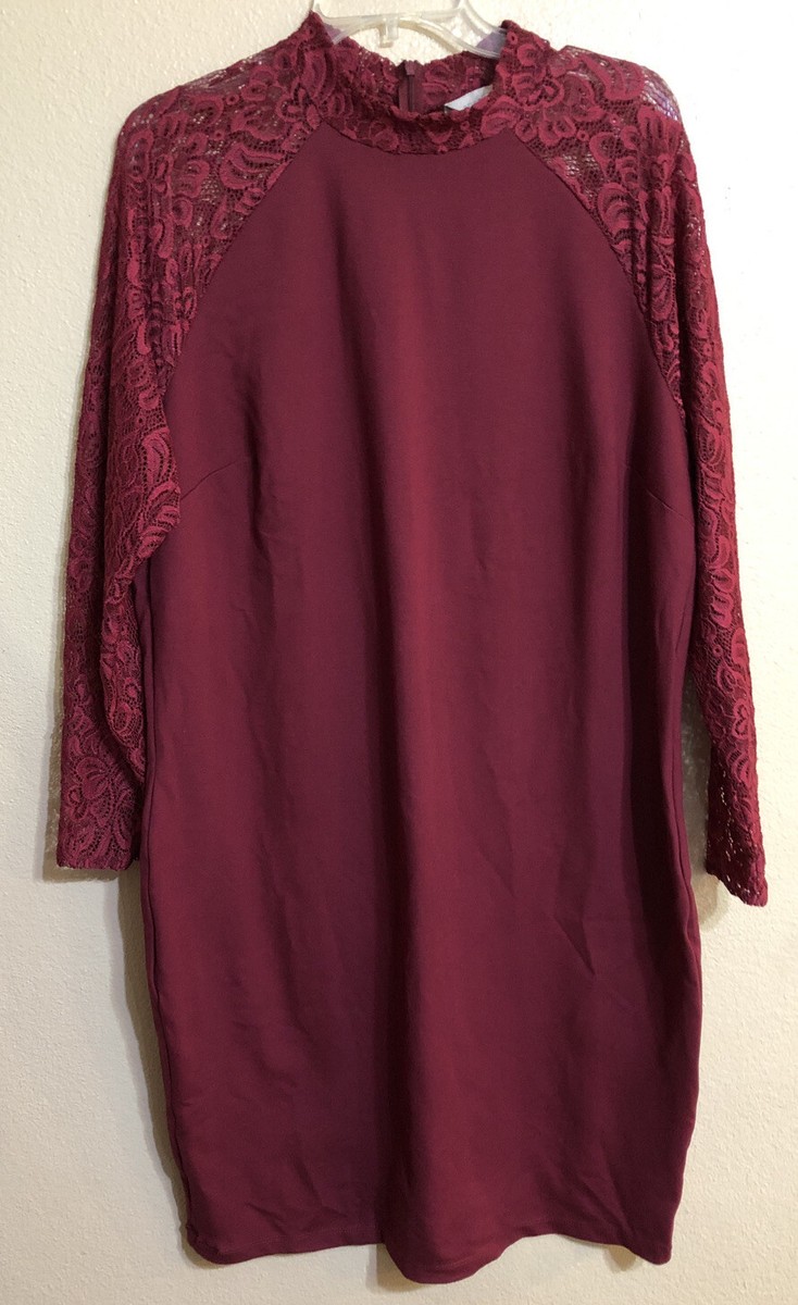lace long sleeve bodycon dress in maroon Belle Sky Women's 1X Bodycon Ponte Maroon Dress Long Lace Sleeves