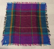 Vintage boucle acrylic plaid blanket scarf, bright primary colors, 44" square