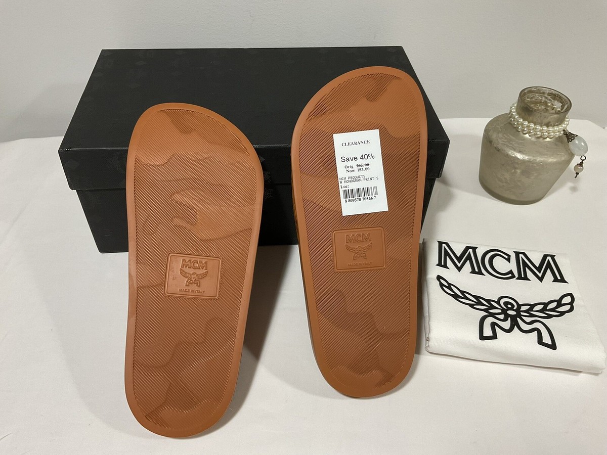 MCM Visetos Monogram Logo Slides Sandals Women 35/5 Brown Cogna  