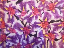 Lg Purple, White Magenta Flowers on Black Cotton Fabric 44" Wide x 34 " long