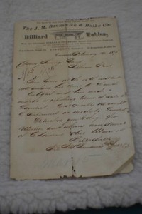 Pool/Billiard/Table/Brunswick J M Brunswick Letterhead 1875 Rare!!!