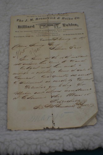  Pool/Billiard/Table/Brunswick J M Brunswick Letterhead 1875 Rare!!!    