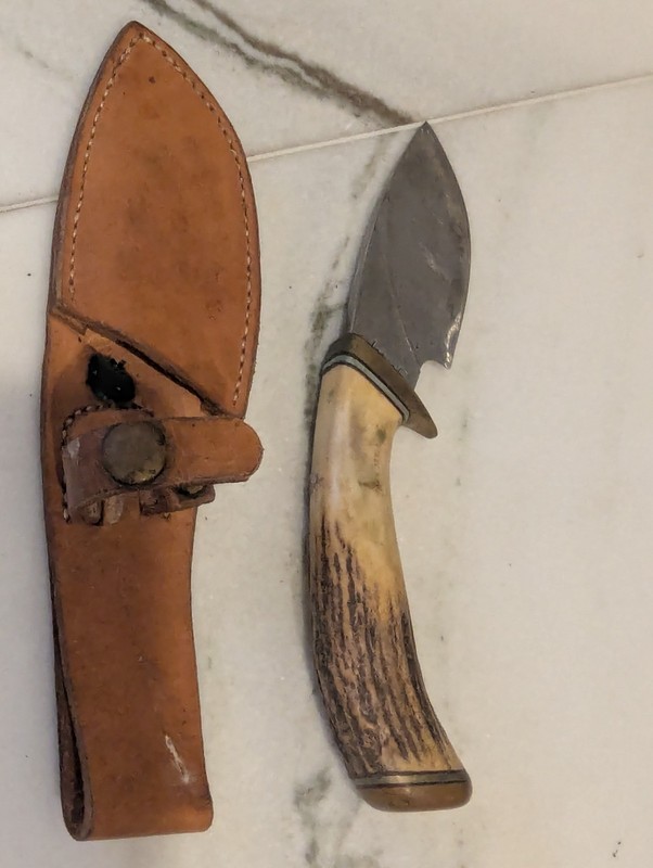 J.W.B. JOHN W BUDGEN SKINNER  W GUT HOOK KNIFE STAG HANDLE W/ LEATHER SHEATH VTG