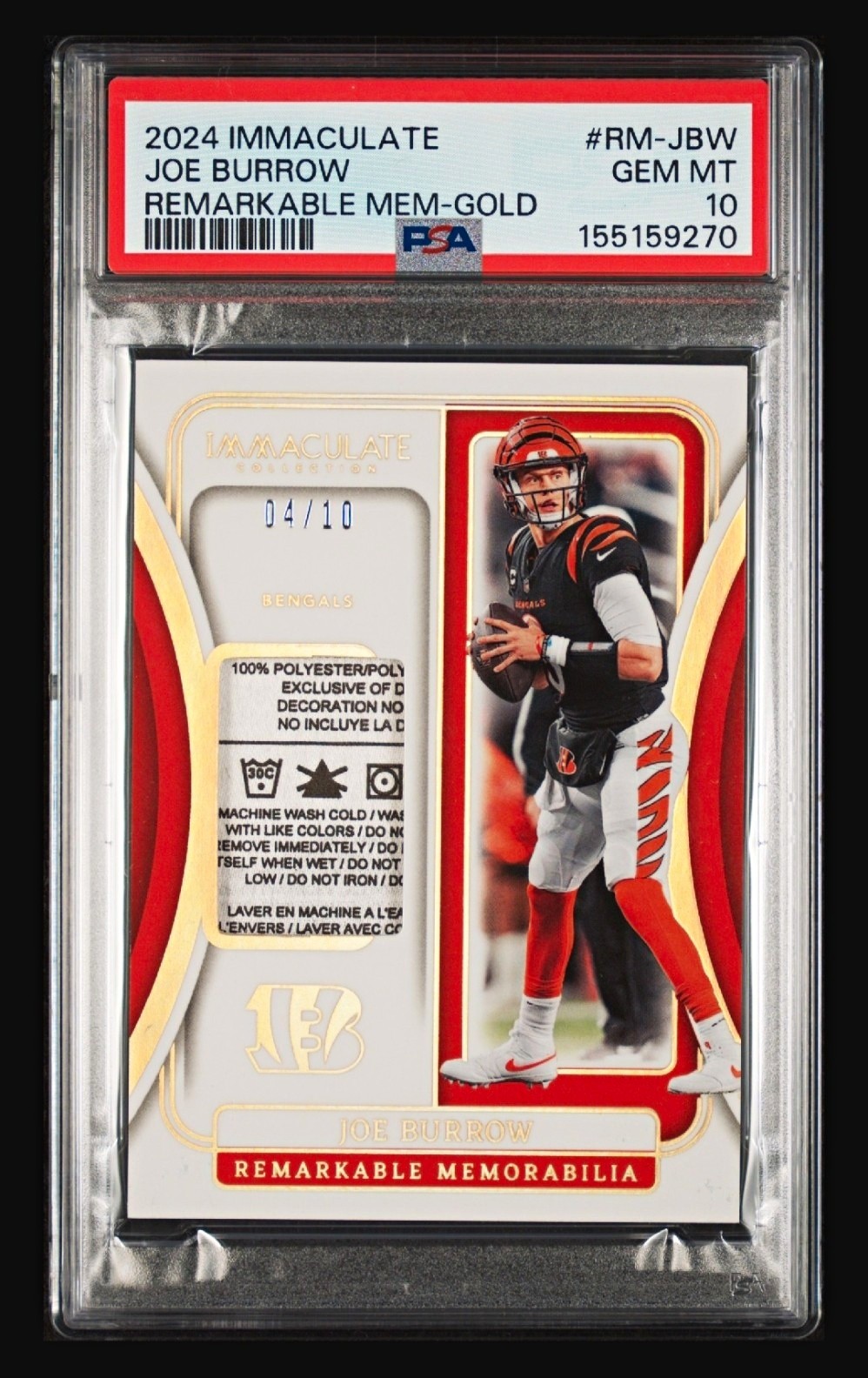 Panini 2024 Immaculate Joe Burrow Remarkable Memorabilia Gold RM-JBW /10 PSA 10 view 1