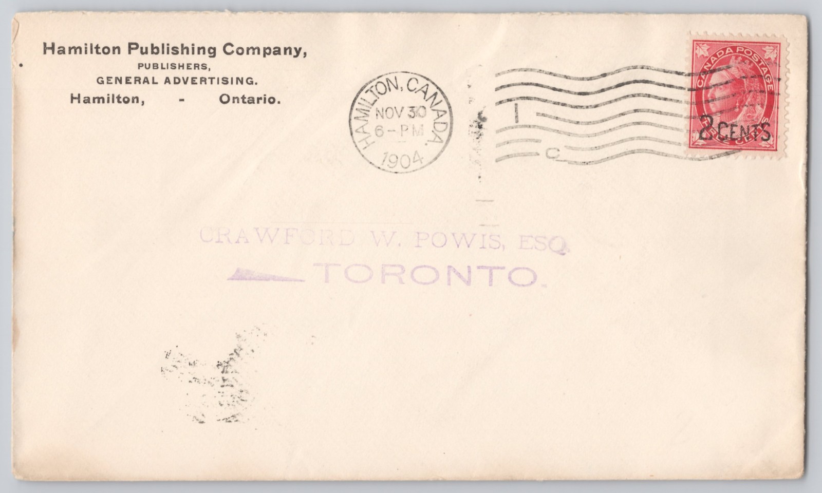 Hamilton, Ontario — Publishing Co. ad cover, Un — 1904 — Postal History