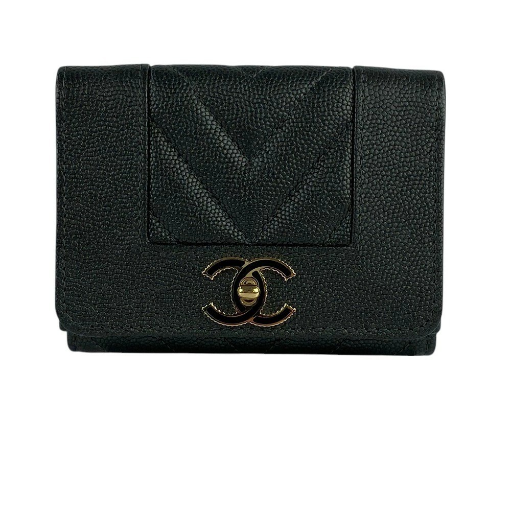 CHANEL Mademoiselle Tri-Fold Wallet in Gray Caviar Leather Authentic Luxury