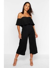 NEW NWT 48 BOOHOO Off The Shoulder Ruffle Culotte Jumpsuit - Black - US 8