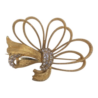 BSK Gold Tone Brooch/Pin Statement Piece Paved Rhinestone Wrapped Ribbon Loops  