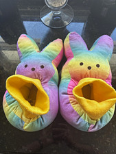 Peeps Bunny Tie Dye Plush Slip-On Slippers Rainbow Yellow Lined Women's 5-6 M