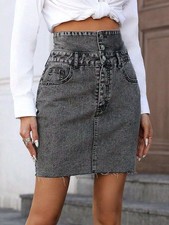 Dark Grey Raw Hem High Waist Denim Skirt