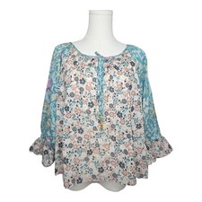 Natural Life Magnolia Cotton Top Seafoam Floral Boho Peasant Ruffle Sleeve M NWT